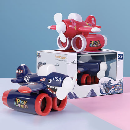 Iplay Ilearn 3-in-1 Red Air Fighter Flynoculars with Fan toy set displayed on blue background, showing red airplane with white propellers, dark blue USA fighter