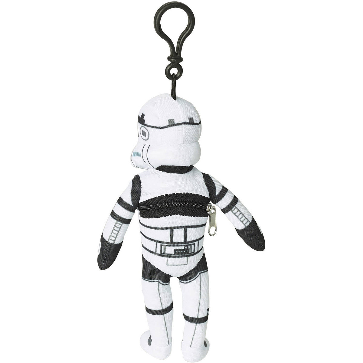 White and black Stormtrooper plush figure with zippered pouch on chest and attached clip hook, 8 inches