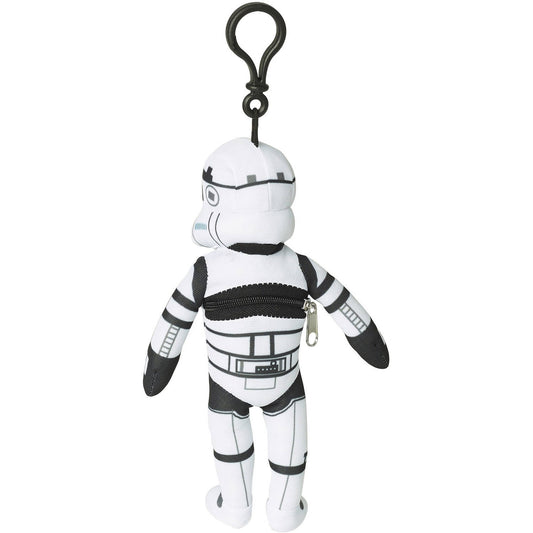White and black Stormtrooper plush figure with zippered pouch on chest and attached clip hook, 8 inches