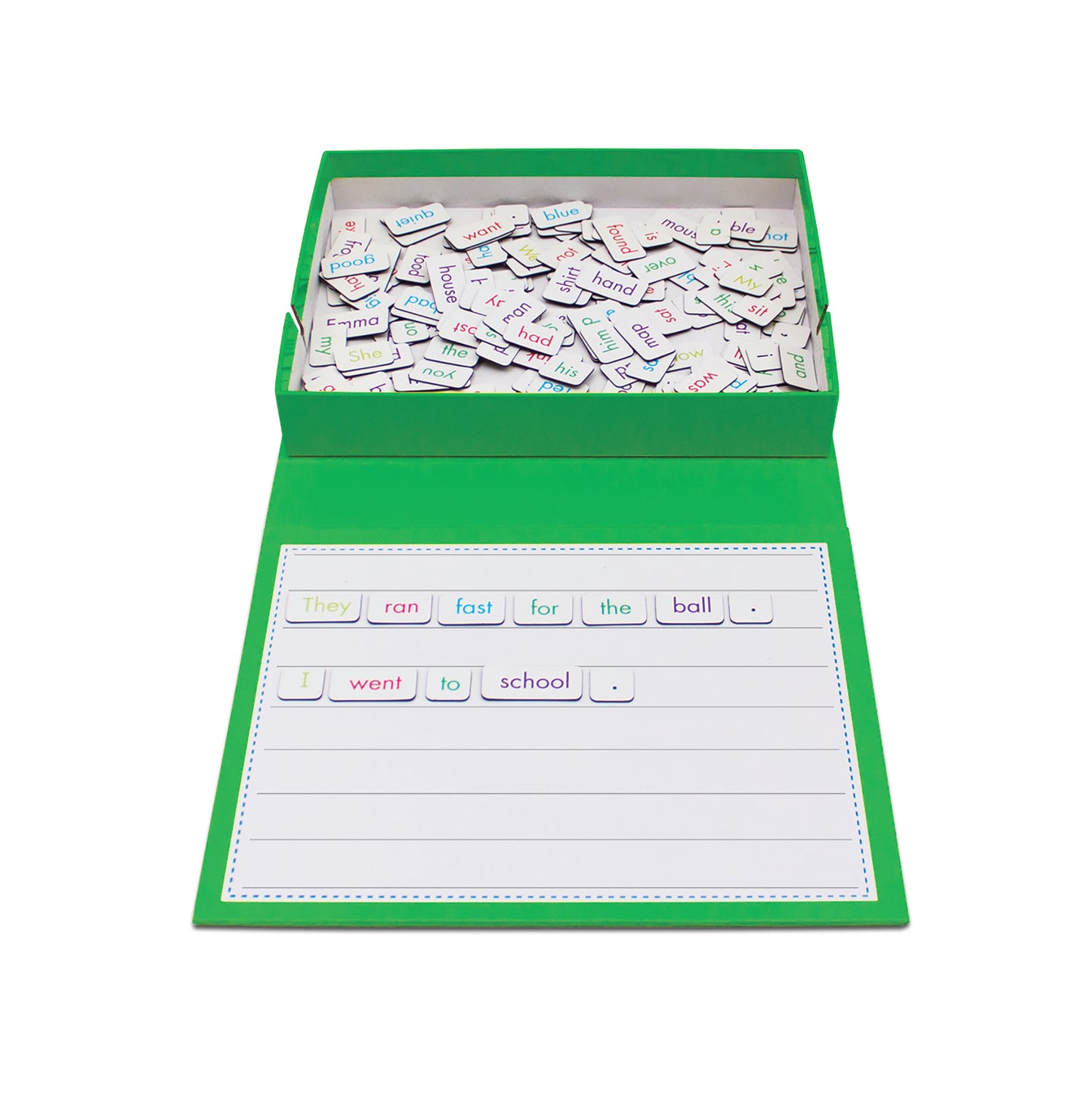 Junior Learning Rainbow Sentences magnetic word tiles activity set with green storage box and sentence building works...