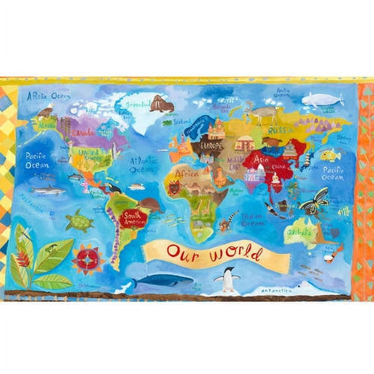 Colorful illustrated world map canvas titled 'Our World' featuring continents, oceans, landmarks, animals, and region labels in bright colors