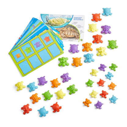 Tactile Turtles learning set with colorful rubber turtle counters in blue, green, purple, orange, and yellow, grid sorting board with labeled card showing marin