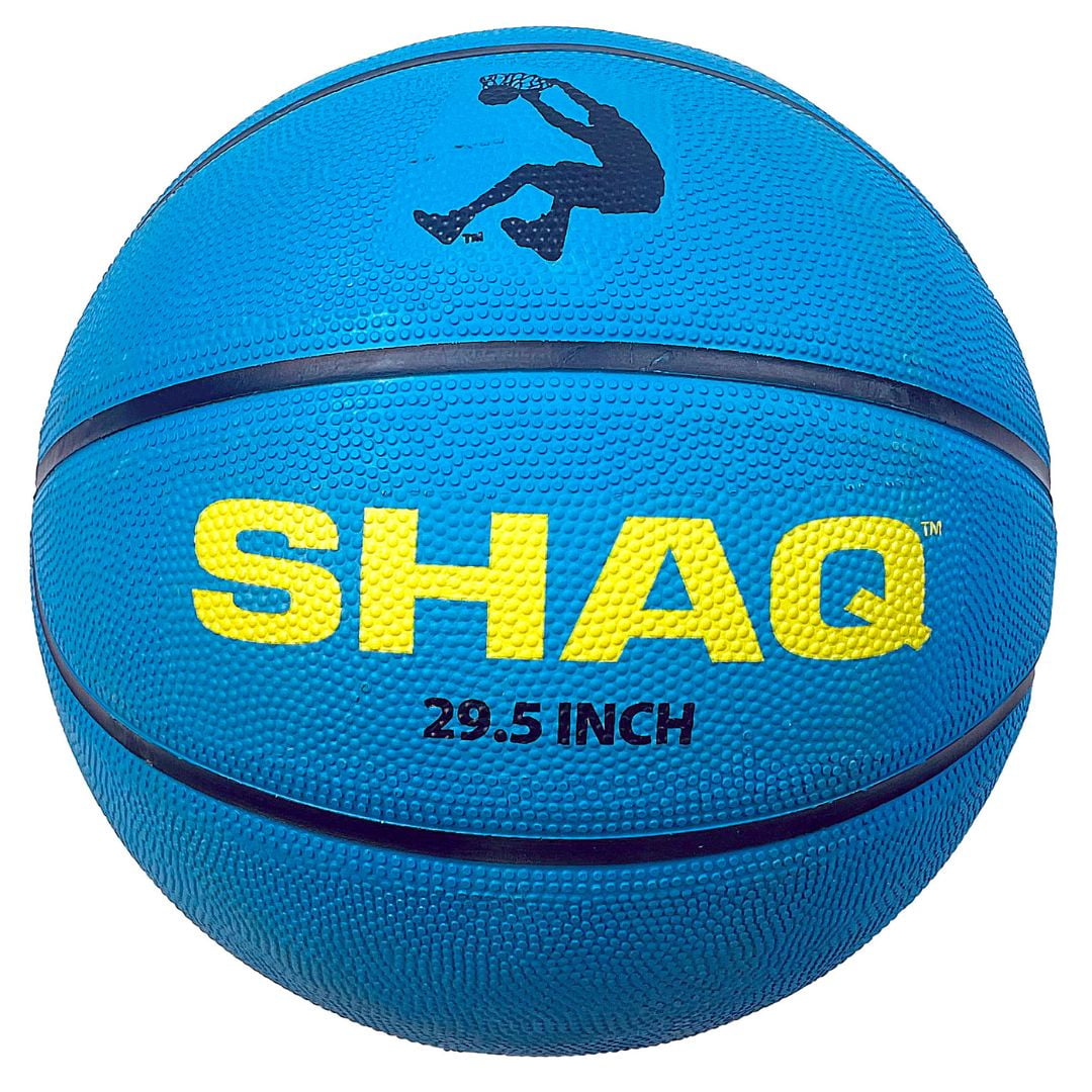 Bright blue basketball with 'SHAQ' in yellow letters, size 7, 29.5 inch, featuring a silhouette logo and dark blue stripes