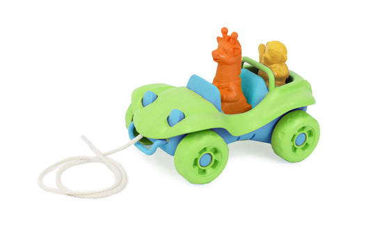 Green Toys Dune Buggy Pull Toy with blue wheels and trim, orange giraffe and yellow figure in cargo bed, attached white pull cord