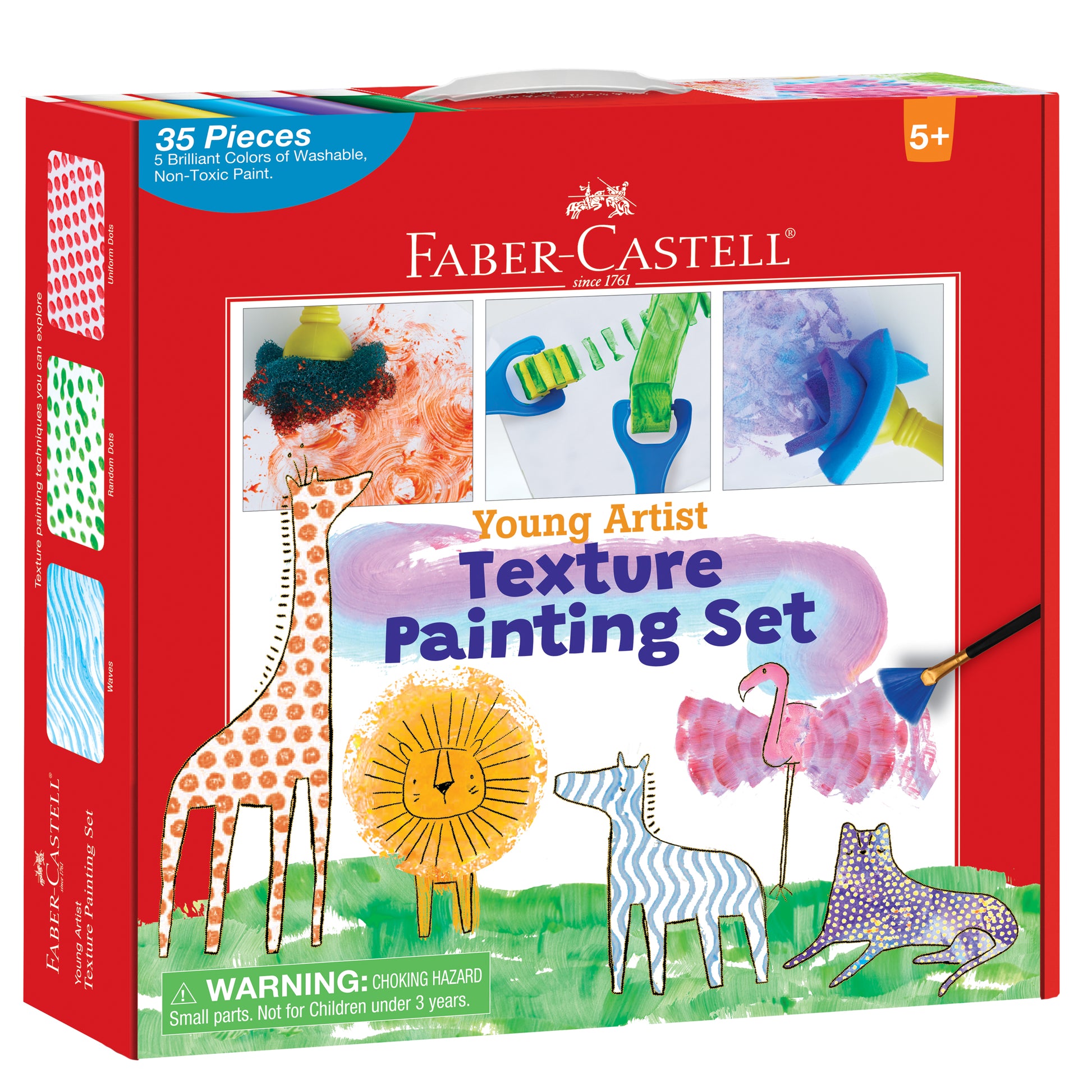 Faber-Castell Young Artist Texture Painting Set box showing 35 pieces with 5 washable paint colors, featuring illustrated animals and texture painting examples