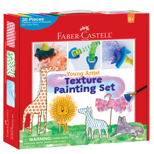Faber-Castell Young Artist Texture Painting Set box showing 35 pieces with 5 washable paint colors, featuring illustrated animals and texture painting examples