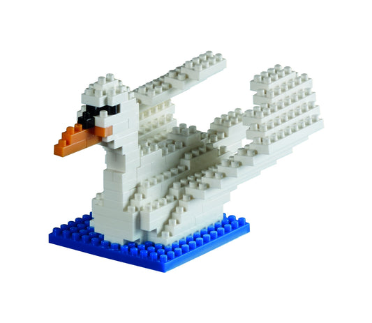 White micro-sized building block swan with orange beak, black eye details, and blue base platform