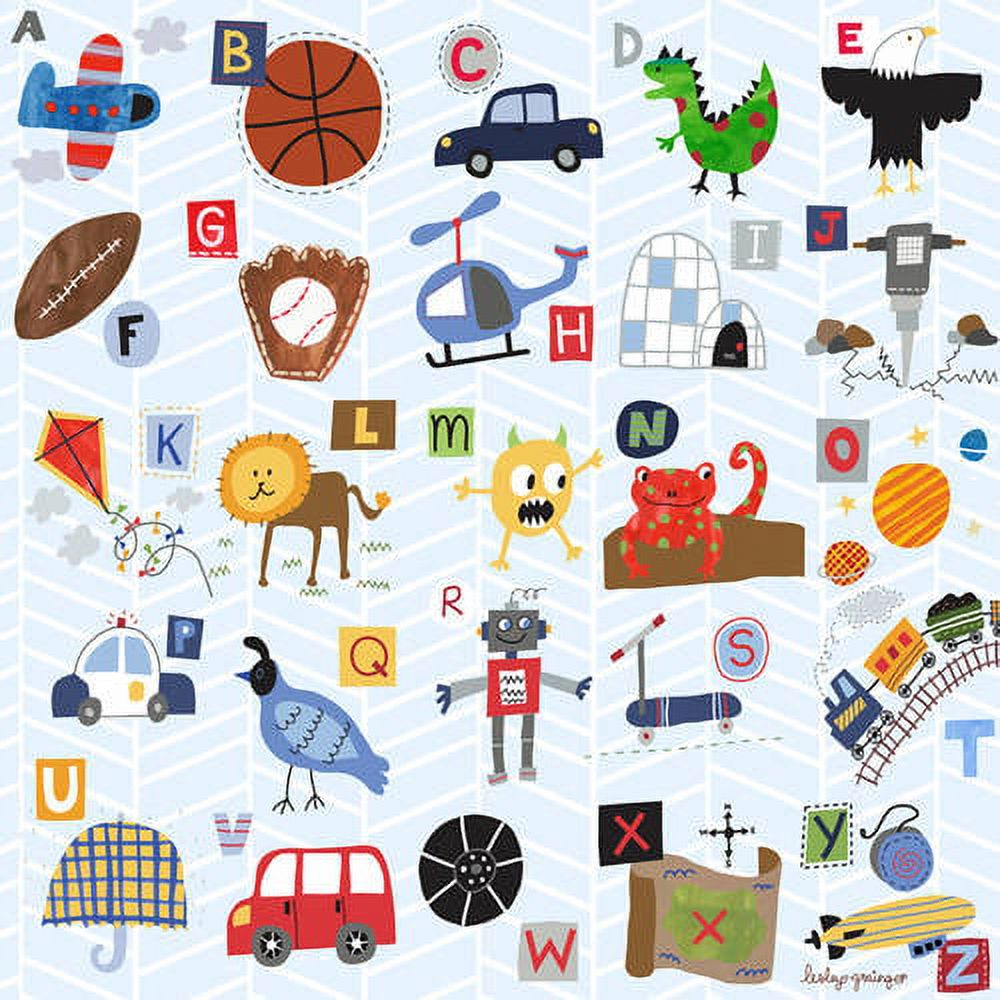 Illustrated alphabet chart with A-Z letters paired with colorful cartoon objects and characters including airplane, basketball, car, dragon, eagle, football, ba