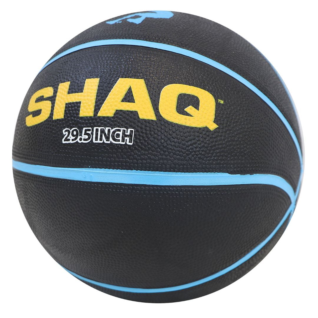 SHAQ 29.5 inch basketball, black with blue stripes and yellow logo text