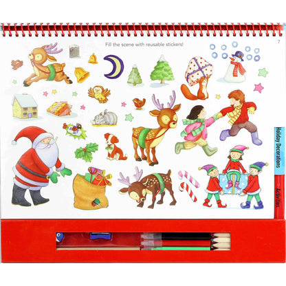 Holiday-themed sticker activity book page with reusable stickers including Santa, reindeer, snowman, Christmas trees, elves, and festive decorations with marker