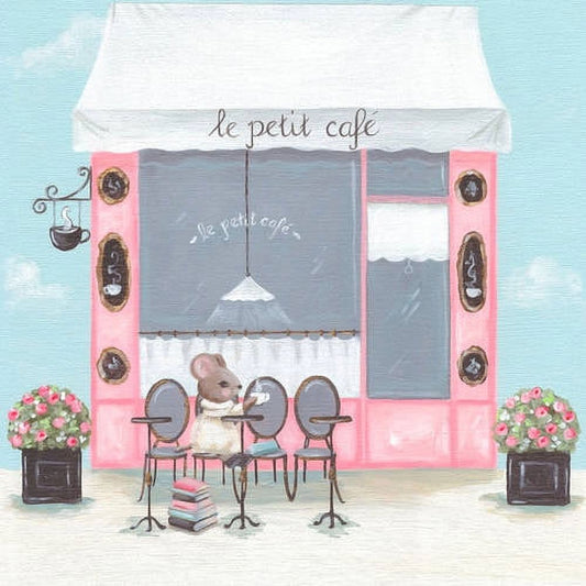 Illustrated scene of a mouse seated at a café table outside a charming pink storefront labeled 'le petit café', with hanging pendant lamp and flowering planters