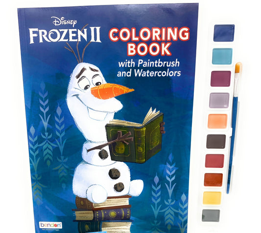 Disney Frozen II Coloring Book with Paintbrush and Watercolors, featuring Olaf holding an open book, with ten watercolor paint squares and brush included