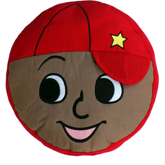 Dream Frenz Ray plush toy, round red and tan character with large eyes, red cap with yellow star, and smiling face