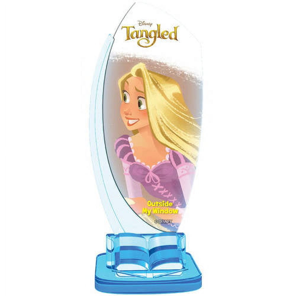Disney Tangled Storytime Theater Press & Play Experience featuring Rapunzel character in purple dress with blonde hair on blue book-shaped base
