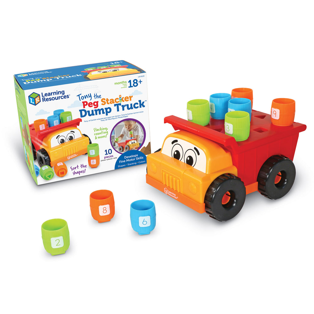 Tony the Peg Stacker Dump Truck by Learning Resources with numbered colored pegs and truck with smiling face, shown with packaging box