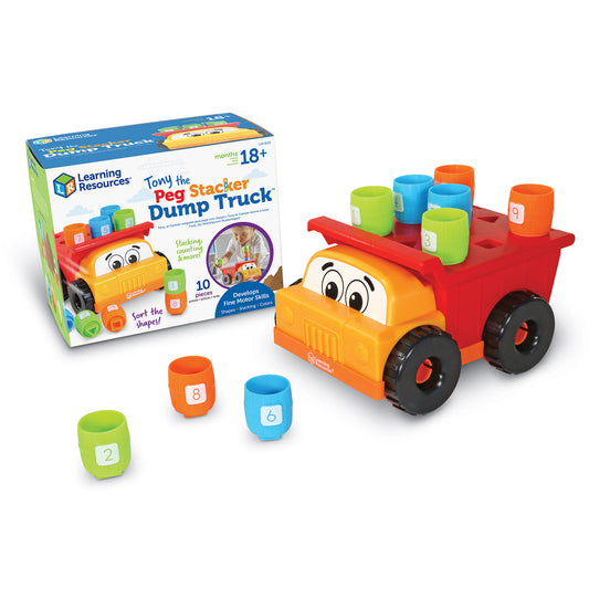 Tony the Peg Stacker Dump Truck by Learning Resources with numbered colored pegs and truck with smiling face, shown with packaging box