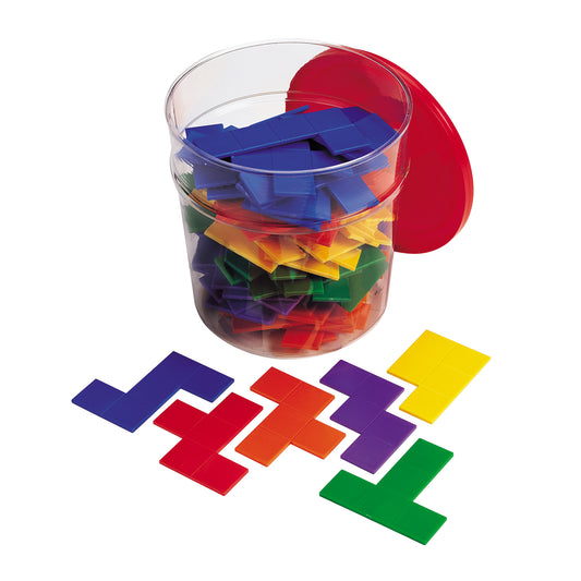 Clear plastic container with red lid holding colorful plastic pentomino puzzle pieces in blue, red, orange, yellow, purple, and green, with matching pieces arra