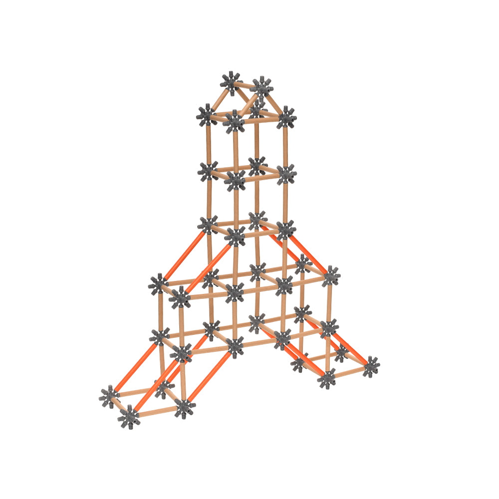 3D building set structure made with tan connector rods and black star-shaped connectors, assembled into a tall tower with extended base legs highlighted in oran