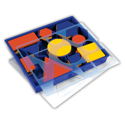 Blue plastic sorting tray with colored geometric shapes including orange rectangles and triangles, yellow circles and squares, and blue pieces with transparent