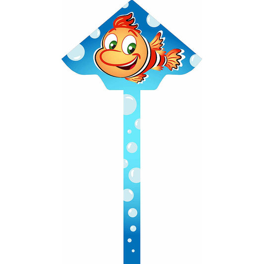 Blue kite with cartoon clown fish character design and white bubble pattern, long handle