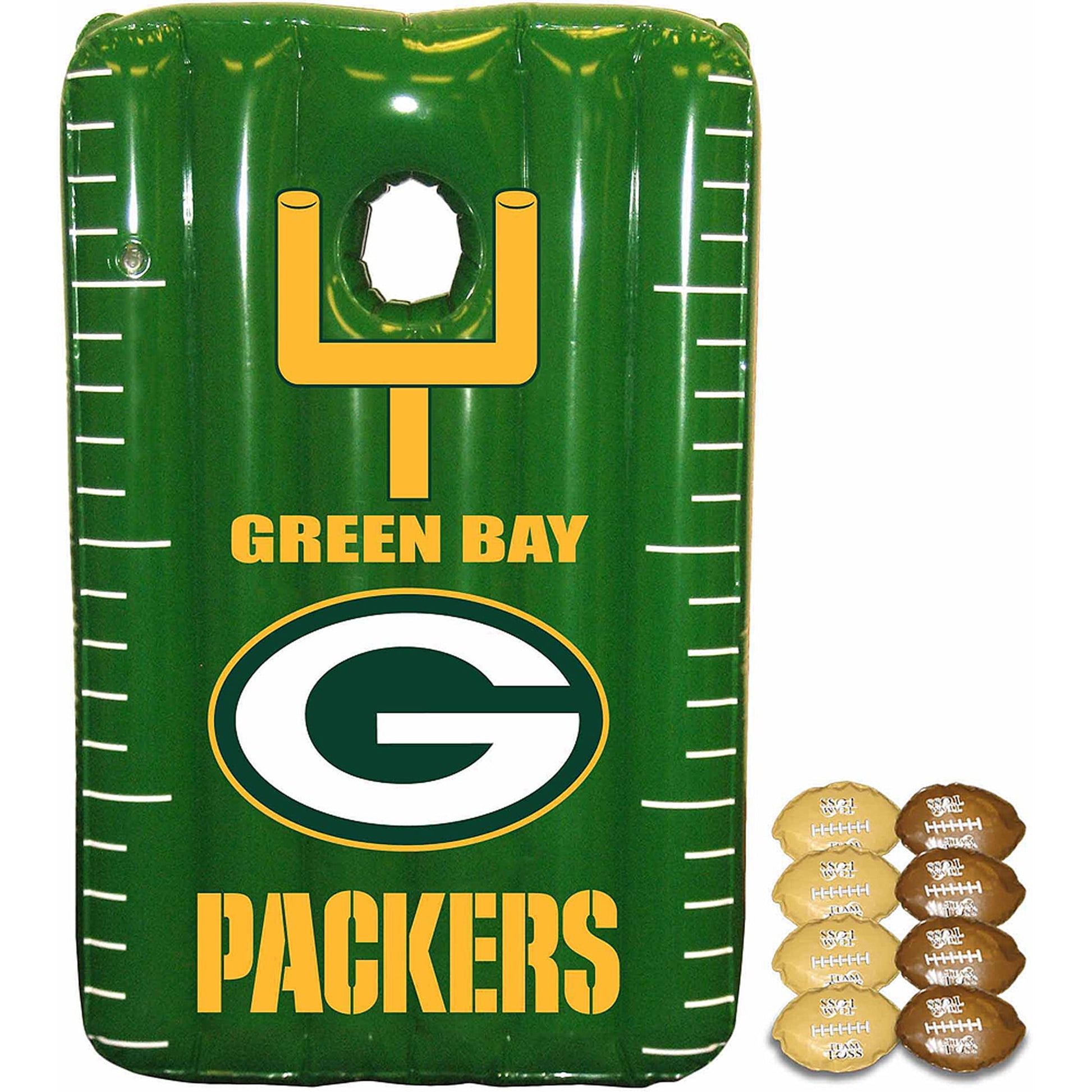 Green Bay Packers cornhole game with football-shaped bean bags in tan and brown