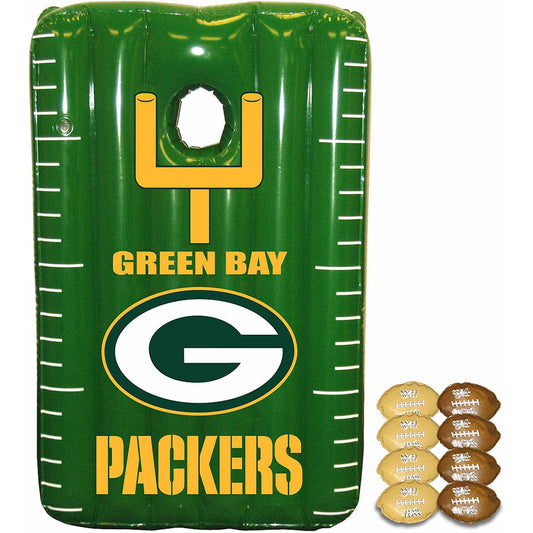 Green Bay Packers cornhole game with football-shaped bean bags in tan and brown