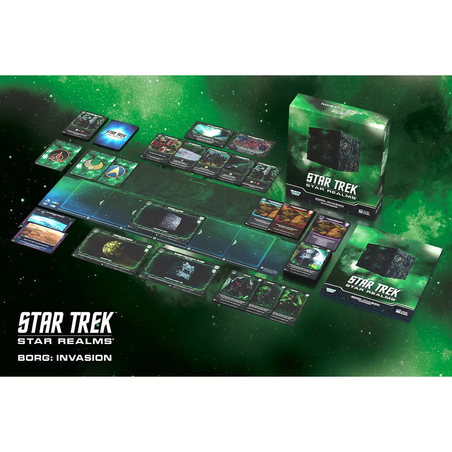 Star Trek Star Realms Borg Invasion expansion card game with green-themed cards and game components displayed