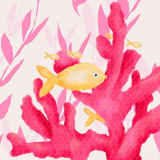 Illustrated underwater scene with yellow fish swimming among bright pink coral and seaweed on cream background