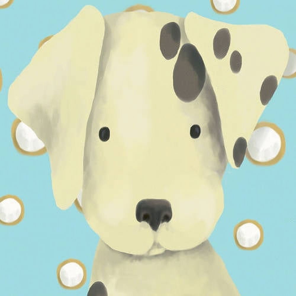 Cream-colored dalmatian puppy with dark spots facing forward on blue background with tan and white circles