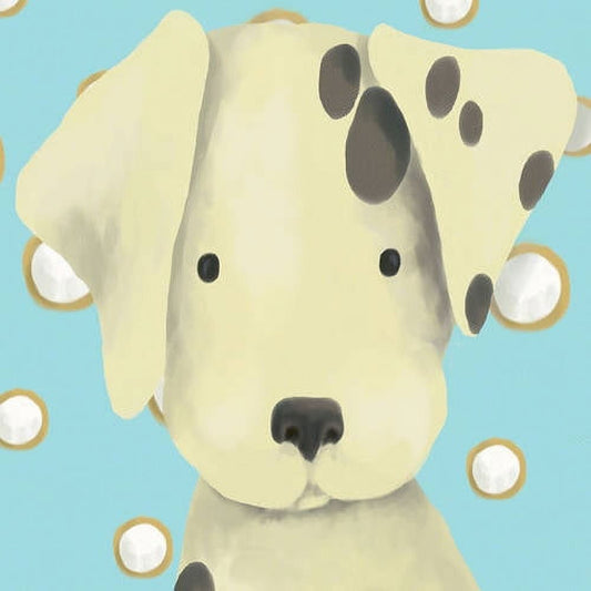 Cream-colored dalmatian puppy with dark spots facing forward on blue background with tan and white circles