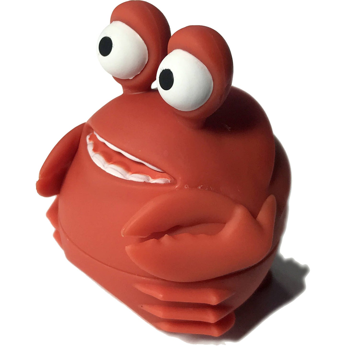 Red crab-shaped lip balm with two bulbous eye stalks with white eyes and black pupils, smiling mouth, and oversized claw arms
