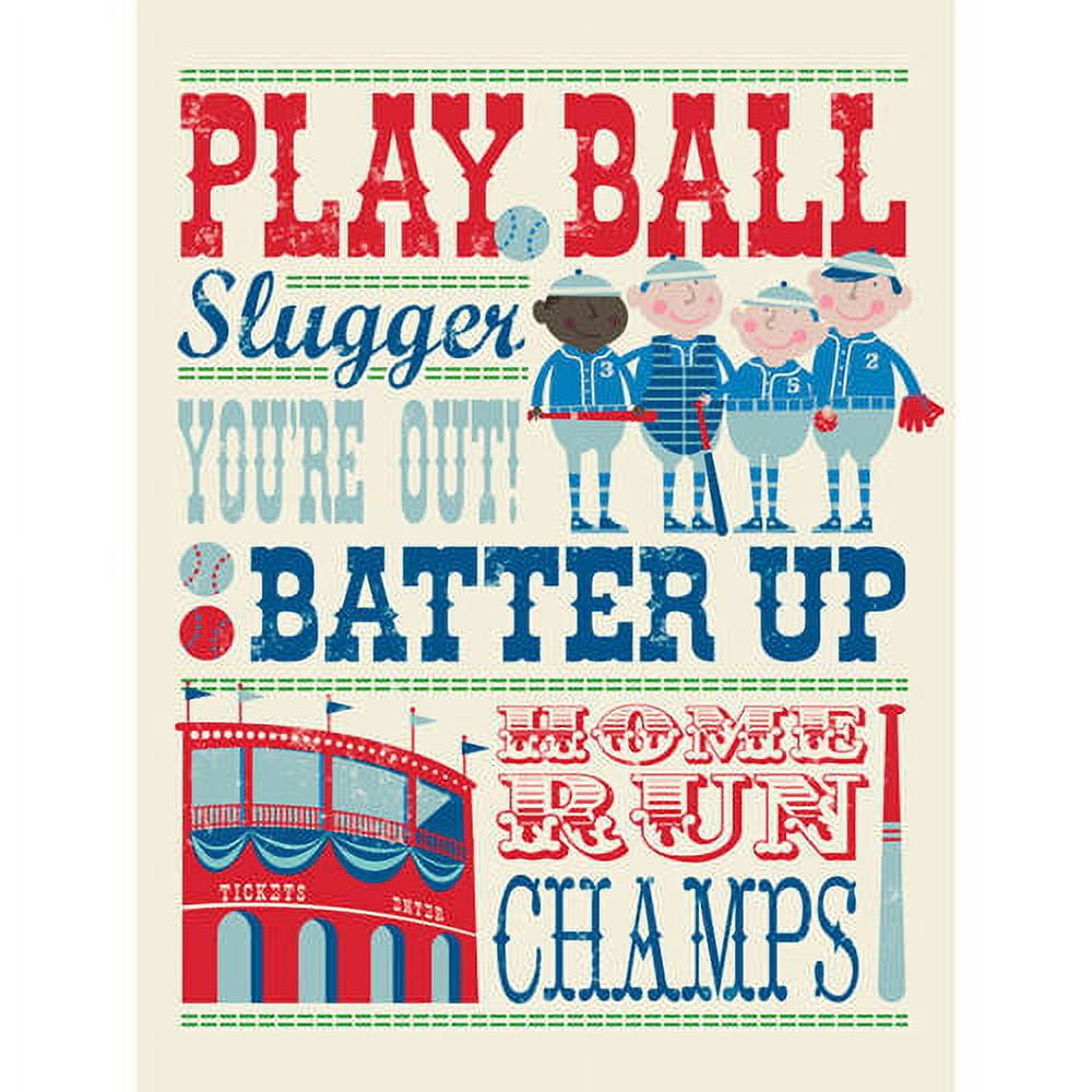 Play Ball Slugger You're Out Batter Up Foreveryrun Champs - vintage-style typography poster with baseball theme, children in baseball uniforms, ticket booth, an