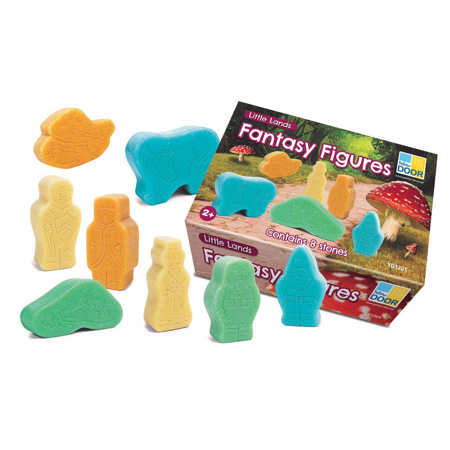 Little Lands Fantasy Figures set of 8 colorful stones in yellow, orange, green, and turquoise with character details, displayed next to packaging showing forest