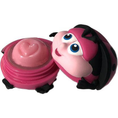Pink and black ladybug plush toy with large blue eyes and smiling face, shown with matching round shell-shaped companion piece