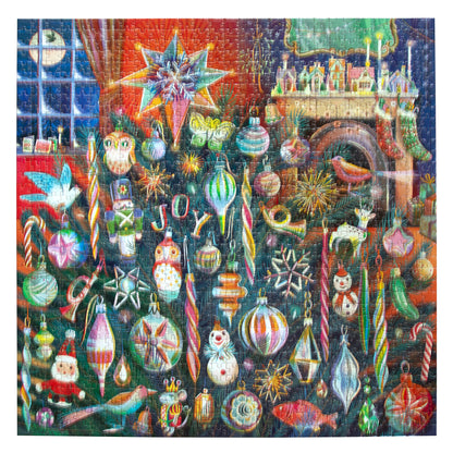 Piece&Love Holiday Ornaments 1000-piece puzzle box showing colorful Christmas ornaments, candy canes, snowflakes, and festive castle scene