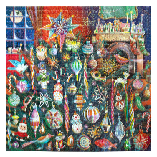 Piece&Love Holiday Ornaments 1000-piece puzzle box showing colorful Christmas ornaments, candy canes, snowflakes, and festive castle scene