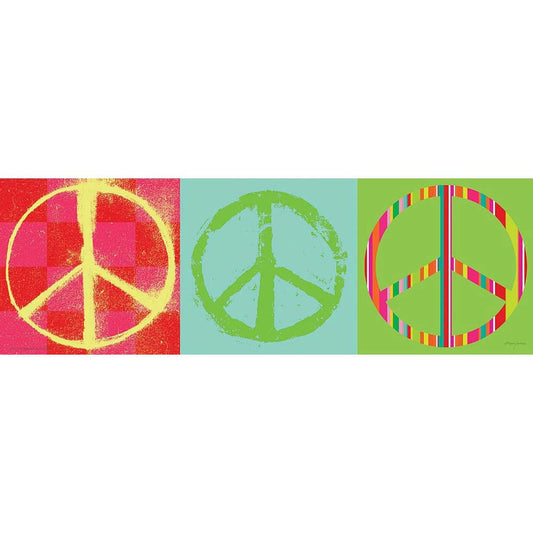 Three colorful peace symbol designs: left panel red and pink with yellow peace sign, center panel mint green with green peace sign, right panel lime green with