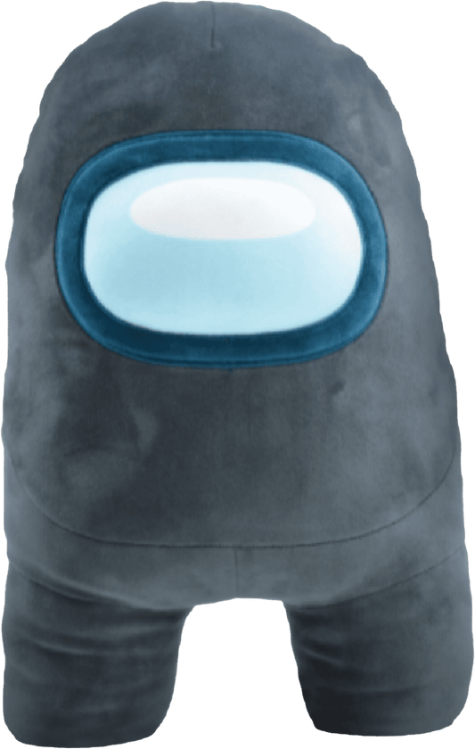 Black plush character with light blue oval visor and window detail, standing pose on plain background