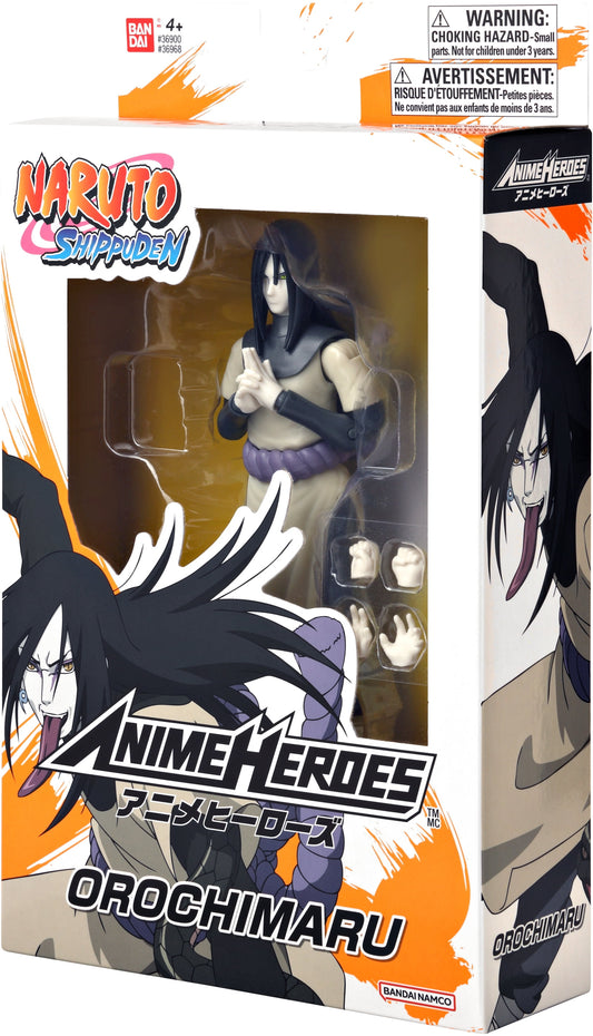 Naruto Shippuden Anime Heroes Orochimaru 6.5 inch action figure in packaging, shown from front with character artwork and accessories visible