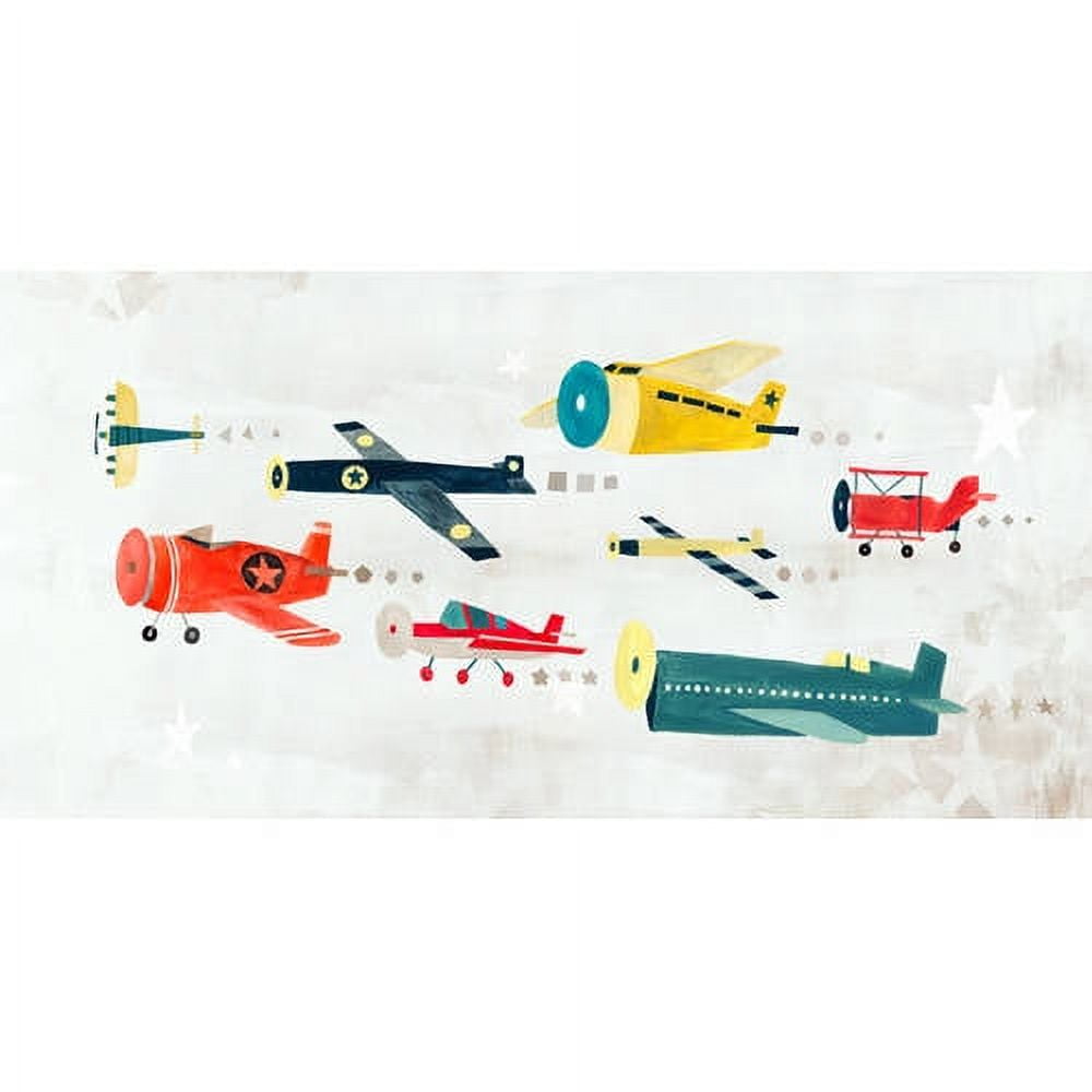 Colorful illustrated canvas art featuring various vintage-style airplanes in yellow, red, blue, and green with decorative stars on a light textured background