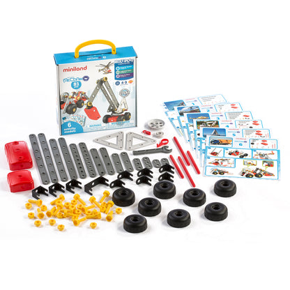 Miniland Mecaniko 81-piece building set with blue carrying case, metallic and black construction pieces, black wheels, red components, yellow fasteners, instruc