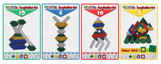 Four Wedgit Imagination Set design cards showing colorful stacked geometric building block configurations numbered 19, 6, 10, and 2