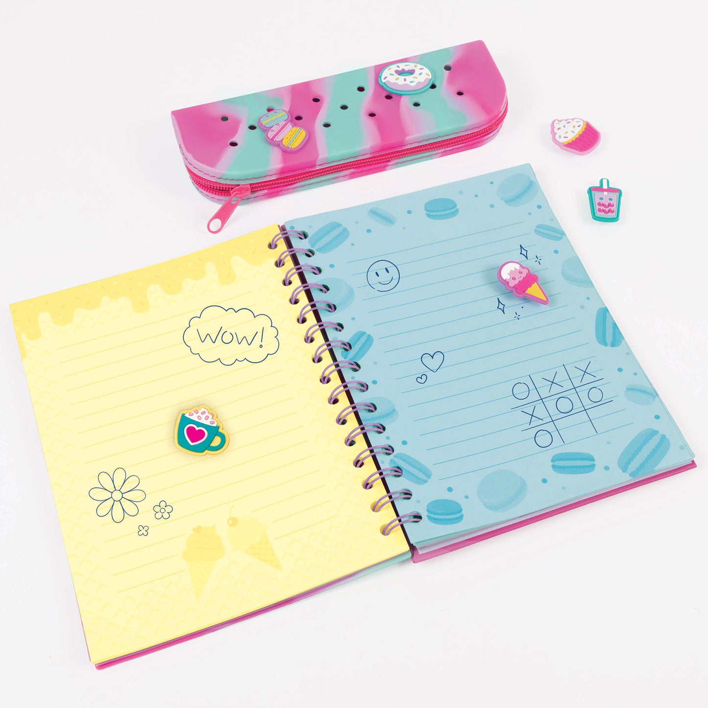 Glimmer & Glow Journal & Pencil Pouch Set in pink and teal with dessert charms