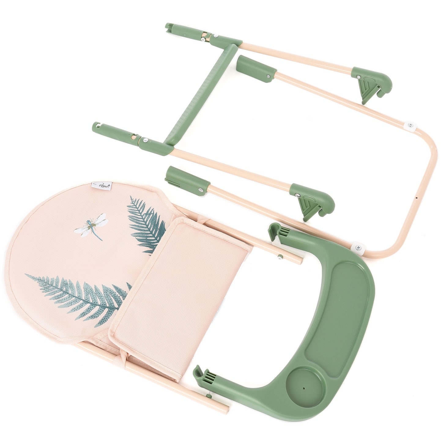Roma RHS High Chair Fern with green frame, beige fabric seat, and wooden accessories