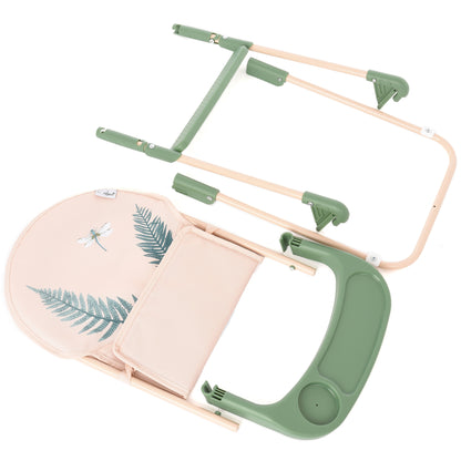 Roma RHS High Chair Fern with green frame, beige fabric seat, and wooden accessories
