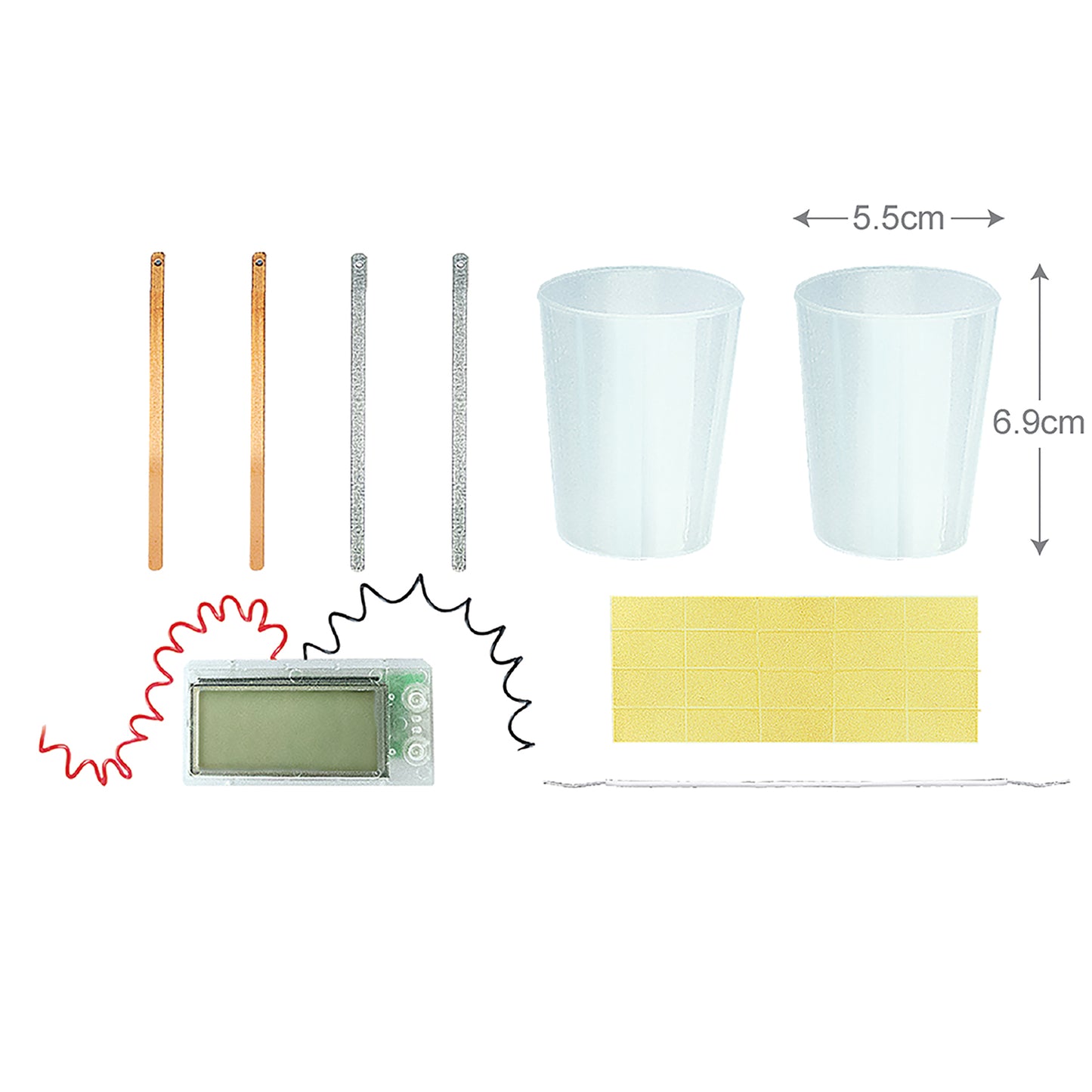Green Science Potato Clock kit with wooden sticks, cups, and yellow paper strips