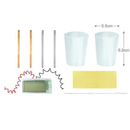 Green Science Potato Clock kit with wooden sticks, cups, and yellow paper strips