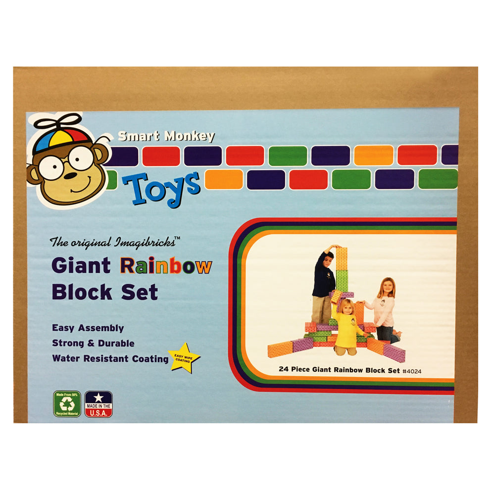 Smart Monkey Toys ImagiBRICKS Giant Rainbow Block Set package showing three children stacking colorful foam blocks, with product details and features listed on