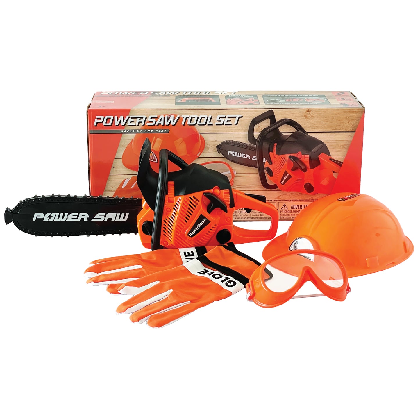 Power Saw Tool Set with red and orange chainsaw toy, safety helmet, goggles, and work gloves displayed with product box