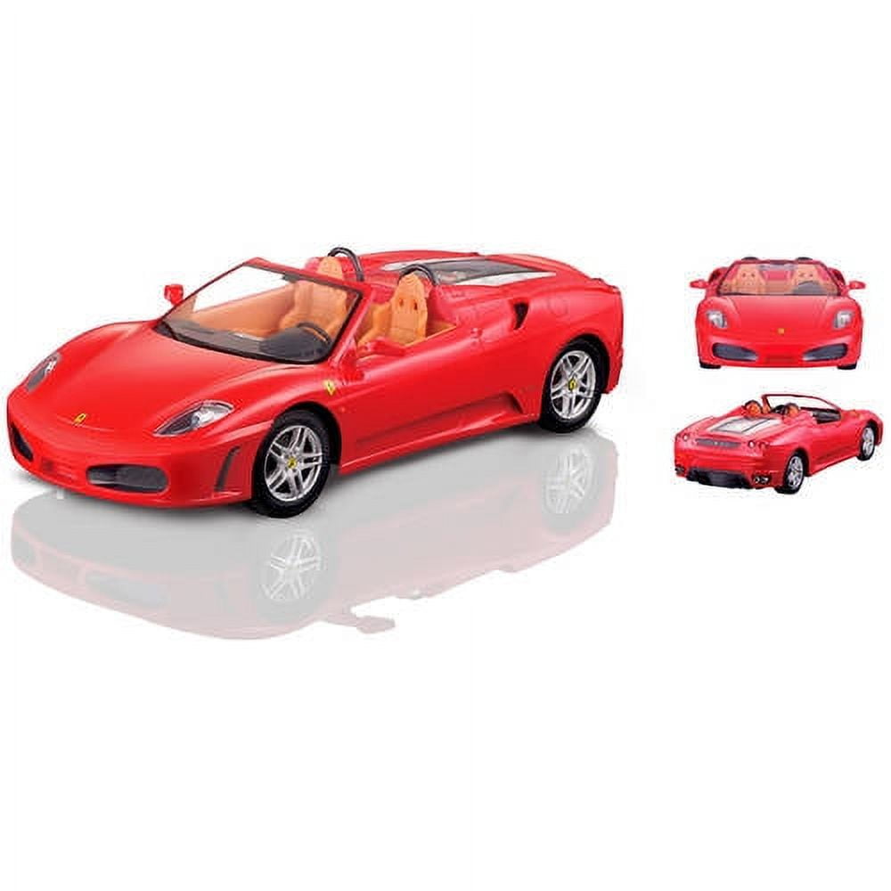 Red Ferrari F430 Spider RC car shown from multiple angles—large front view with open doors and tan interior, plus two smaller detailed shots